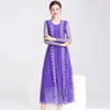 New Arrival Women Pleated Office Lady A-line Solid Long Sleeves Lace Mid-calf Regular O-neck Dress