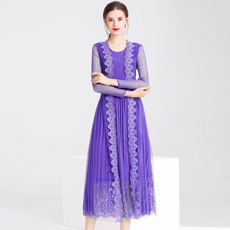 New Arrival Women Pleated Office Lady A-line Solid Long Sleeves Lace Mid-calf Regular O-neck Dress