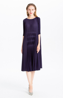 Women Pleated Sleeve Static Dresses Vertical Striped Loose Leisure Mom Dresses