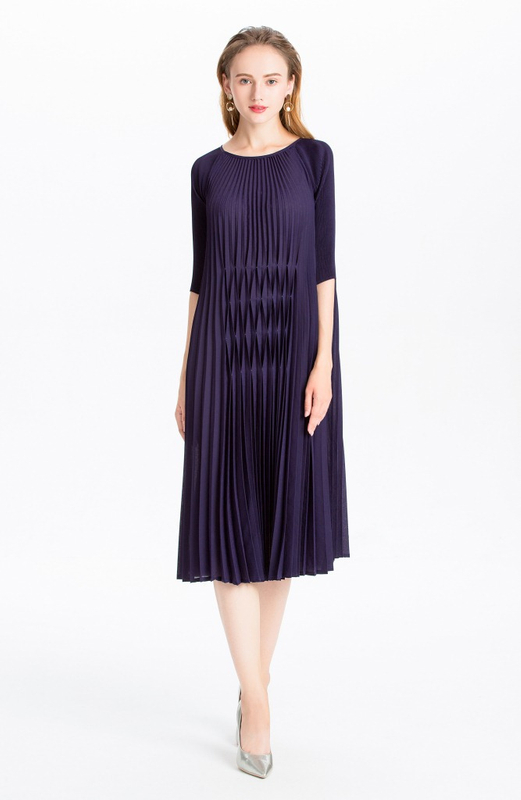 Women Pleated Sleeve Static Dresses Vertical Striped Loose Leisure Mom Dresses