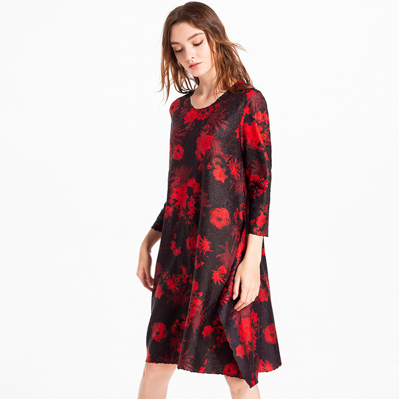 Spring Autumn Women Crinkled Digital Print High End Fashion New Loose Big Size Dress