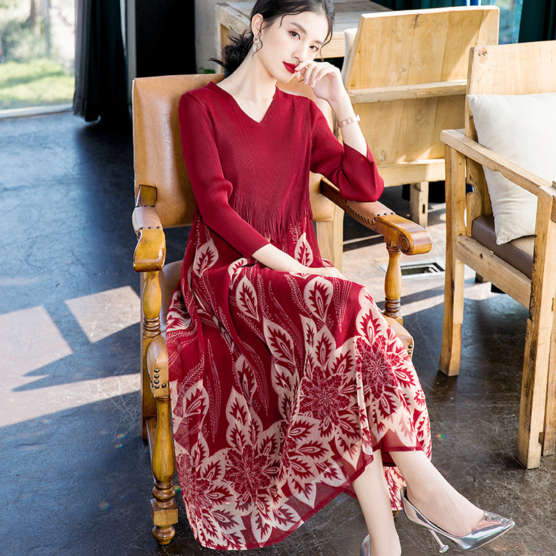 Fashion New Screen Printed Dress Spring New Women's Pleated Dress