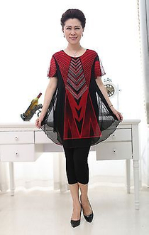 Womens Knit mesh print short sleeve T-shirts with lining double layer shirts