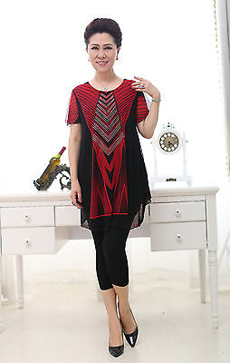 Womens Knited print short sleeve T-shirts with lining double layer tops