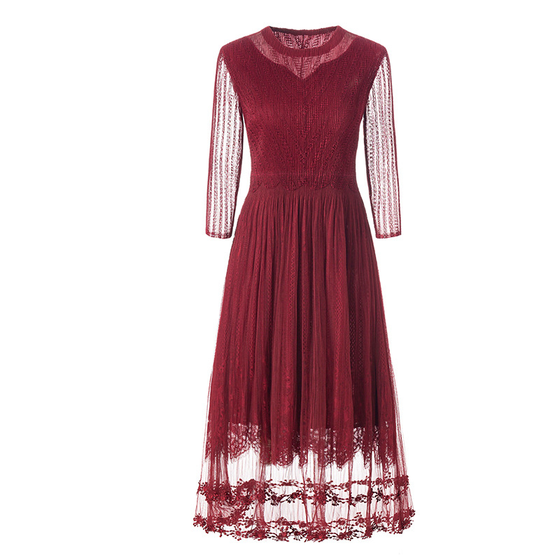 Lace Embroidered Dress 2020 Spring New Slim Large Mother's Pleated Dress