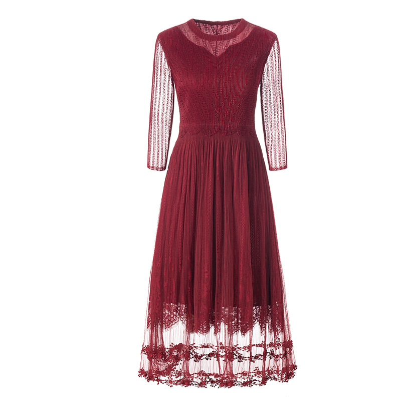 Lace Embroidered Dress 2020 Spring New Slim Large Mother's Pleated Dress