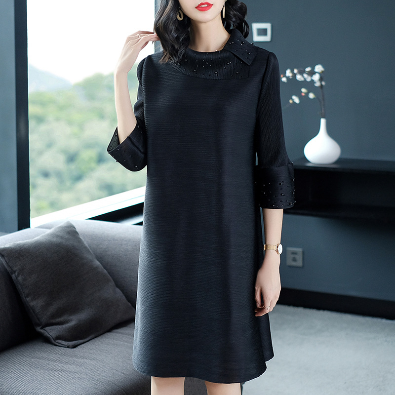 Women Pleated Autumn Fashion New Solid Color Lady Elegant Popular Loose One Piece Dress