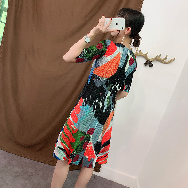 Summer Pleated Short-sleeved Printed Loose Dress Large Size Retro Big Size Dresses