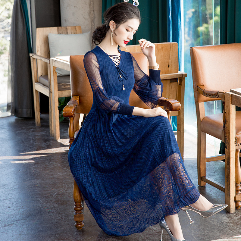 Women Lace Large Dress 2020 Spring New Slim Pleated Long Patchwork Dress