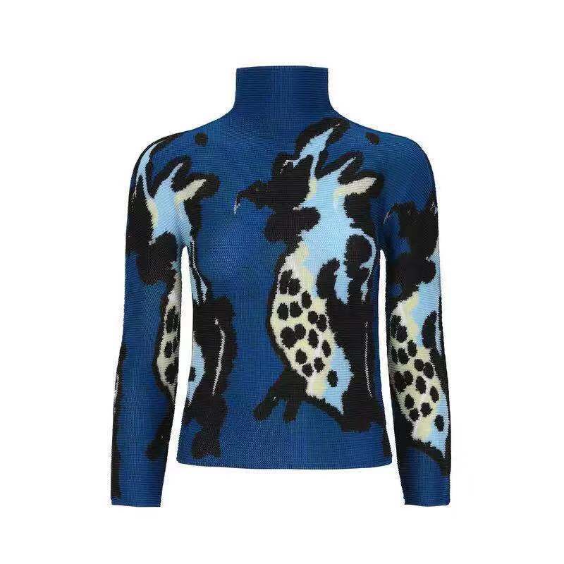 Pleated Top Women's 2020 Spring Women's High Neck Long Sleeve Slim Print T-shirt Bottoming