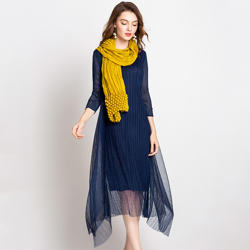 Women Fashion New Pleated Solid Color Lady Elegant Lace Wrinkle Loose One Piece Dress