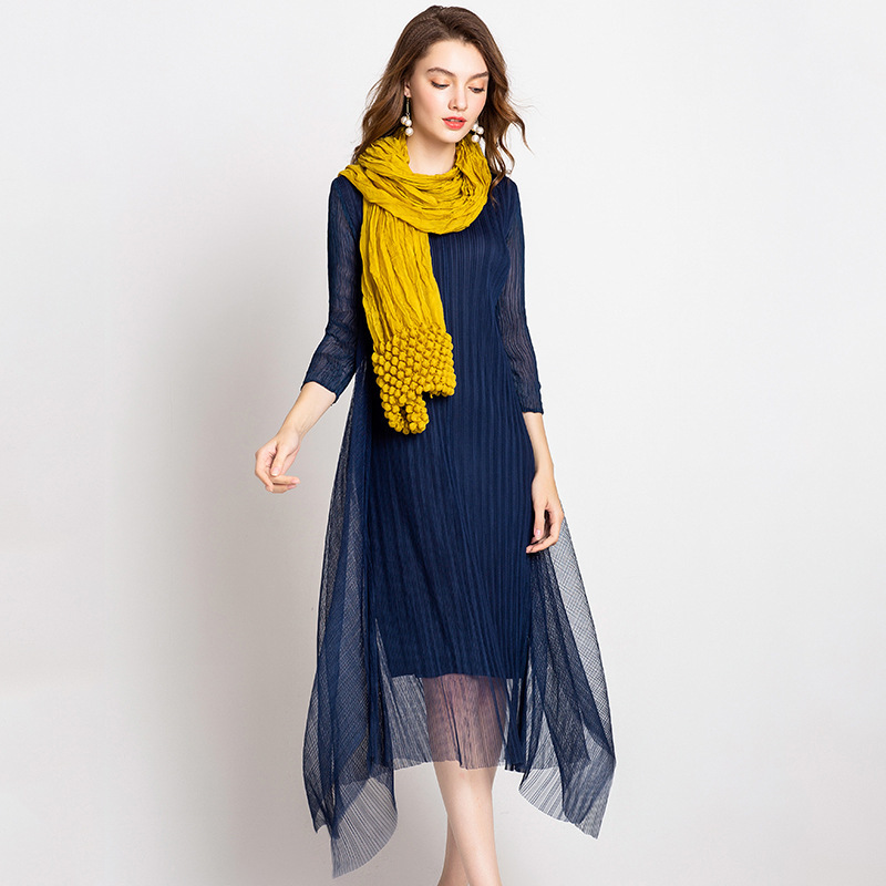 Women Fashion New Pleated Solid Color Lady Elegant Lace Wrinkle Loose One Piece Dress