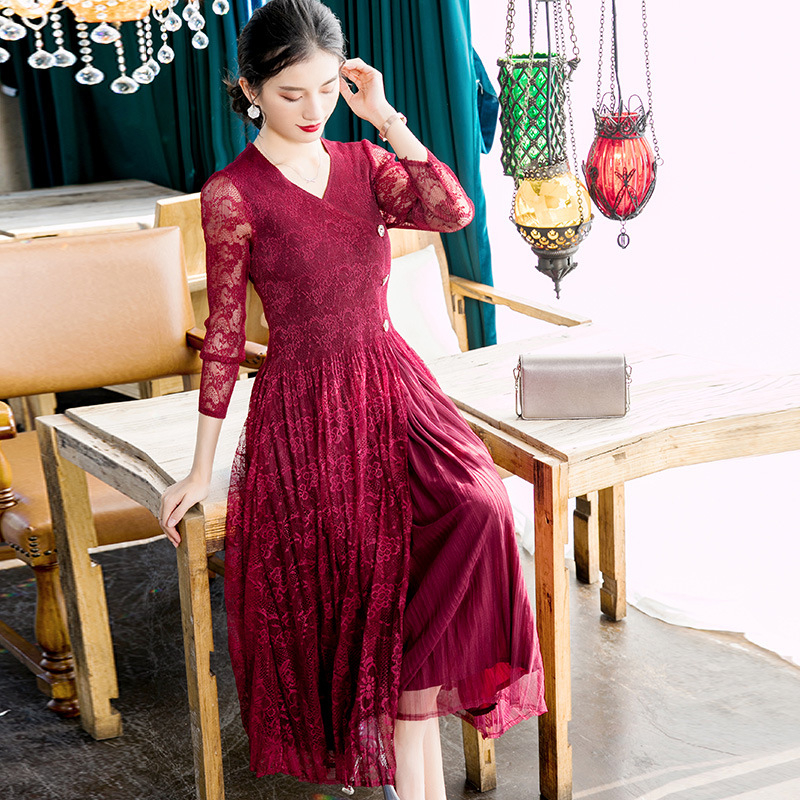 Lace Large Pleated Dress 2020 Spring New Slim Pleated Dress