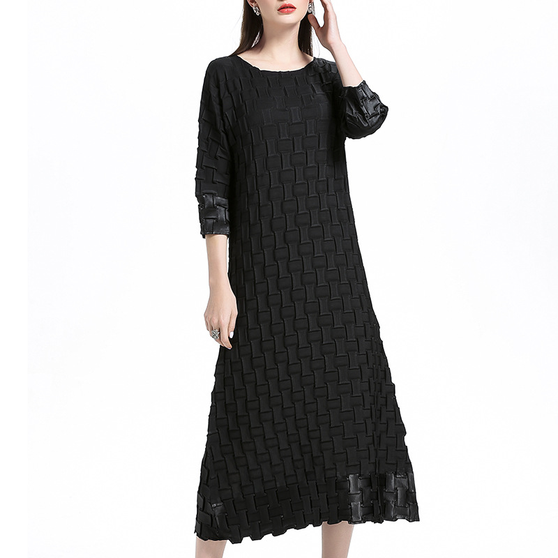 Women Crinkled Pleated Lady Elegant Fashion New Long Sleeves Solid Color Loose Big Size Dress