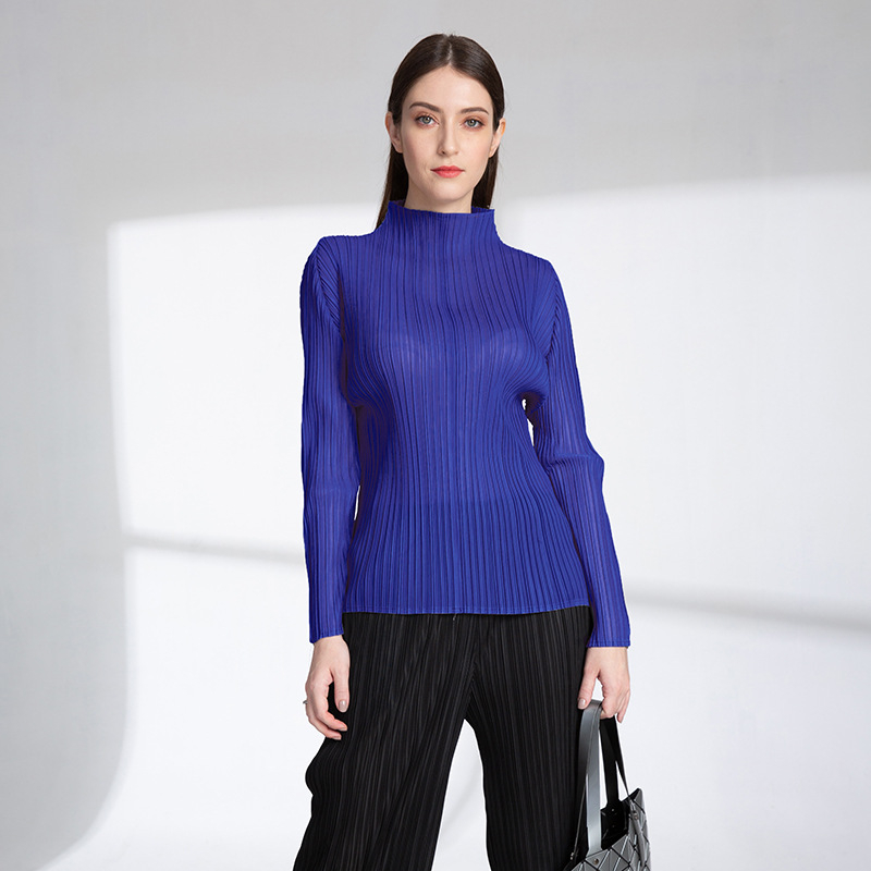 Autumn Women Pleated Pure Color Elastic High Collar Pullover Long Sleeves Shirts