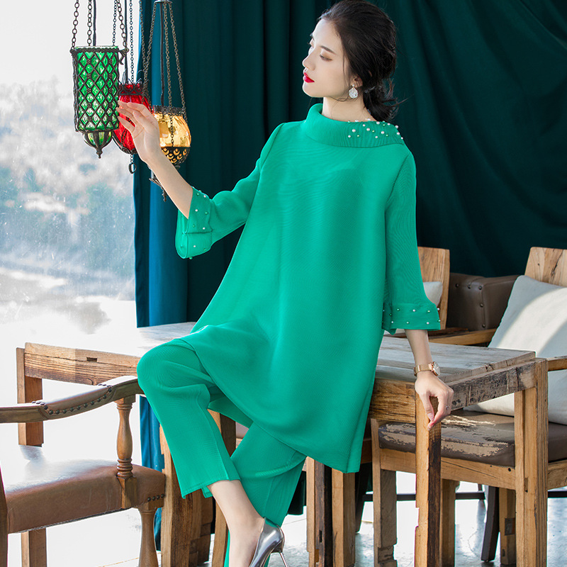 Women Fashion Casual Large Shirts Pleated Suit New Large Pants Tops Two Piece Clothing Sets In Early Spring 2020