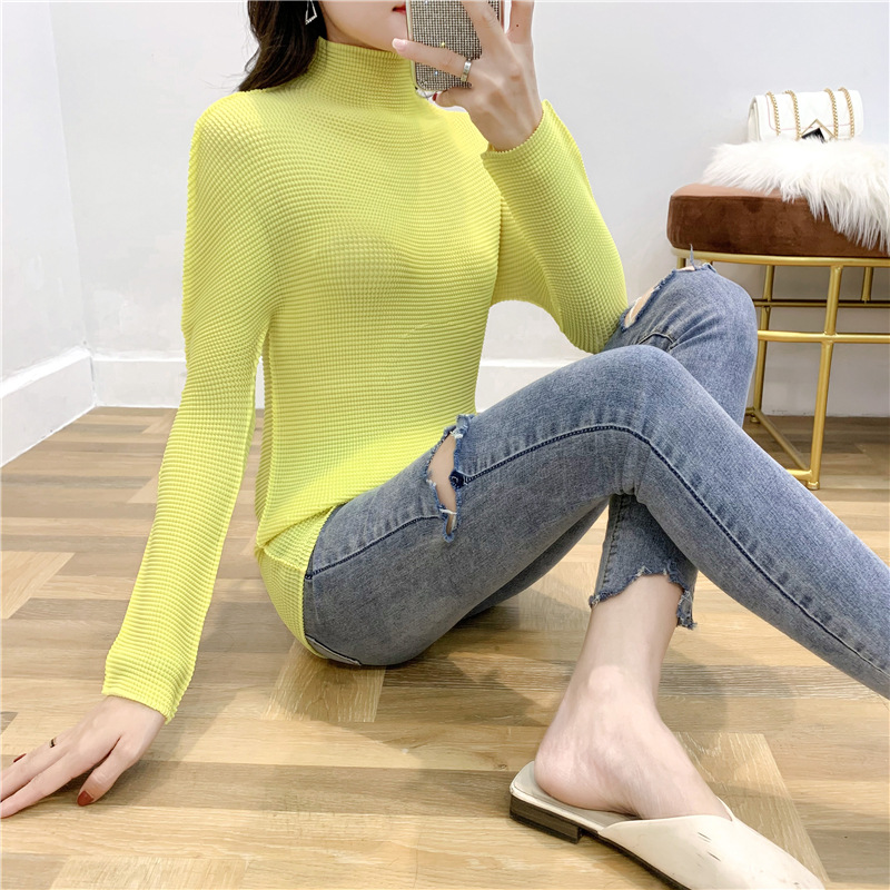 Pleated Women's T-shirt With Long Sleeves High Collar Fashion New Tidal Pullover Tops