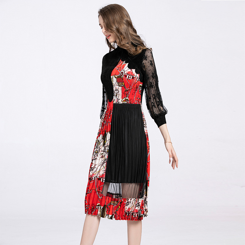 Autumn Velvet Dress Pleated Dress Fashion New Mesh Women Wear