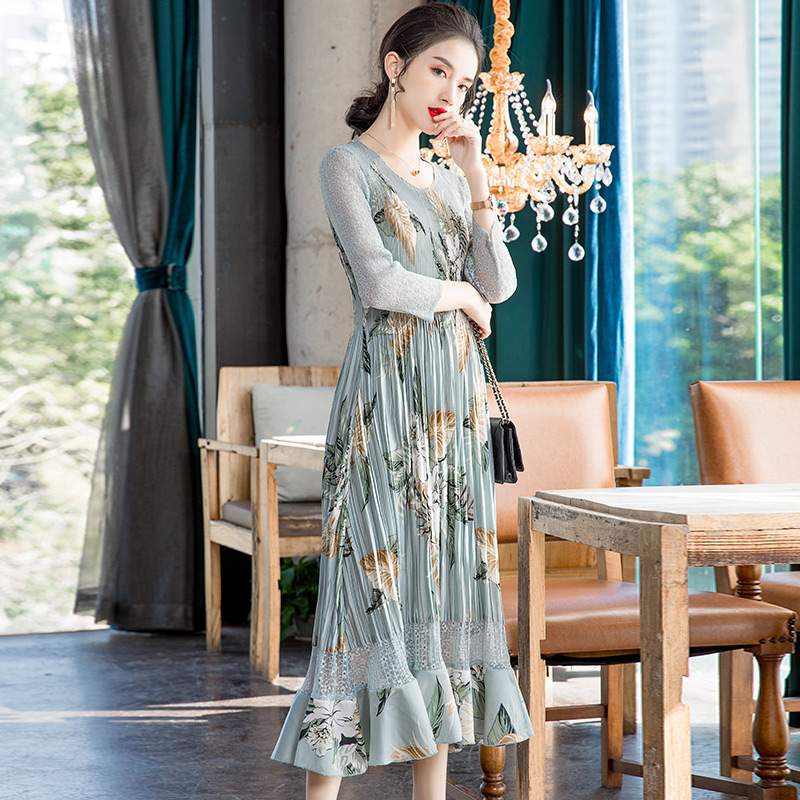 Fashionable Slim Fit Print Dress 2020 Spring New Women's Large Pleated Dress