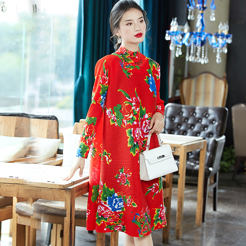 Printed Large Dress New Red Loose Pleated Chinese A-line Dress In Early Spring 2020