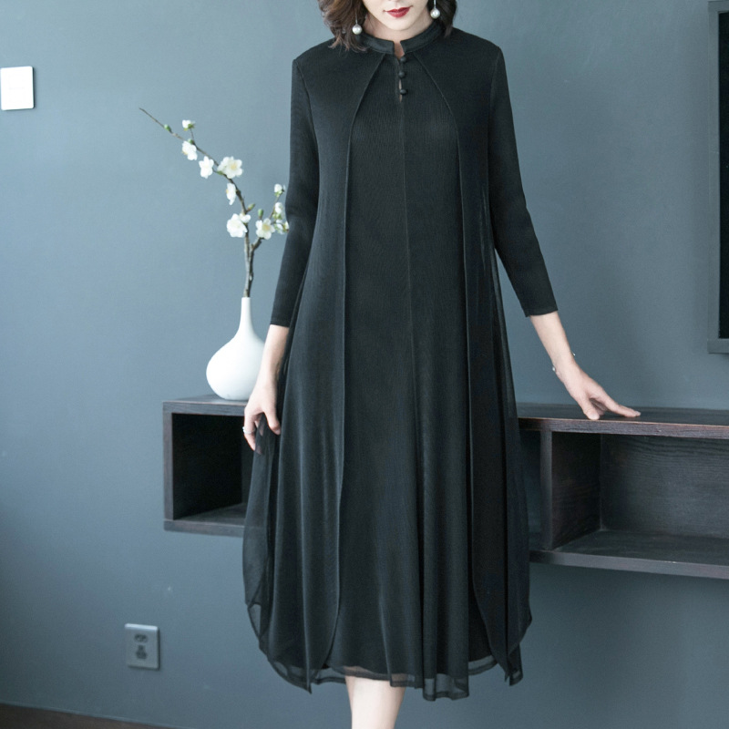 Fake Two Baggy Large-size Pleated Dresses Autumn Dress