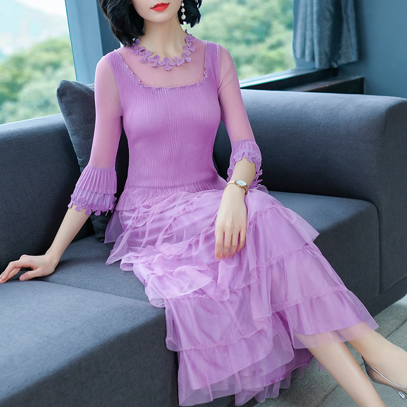 Spring Women Pleated Fashion New Tidal Lady Elegant Solid Color Popular Dresses