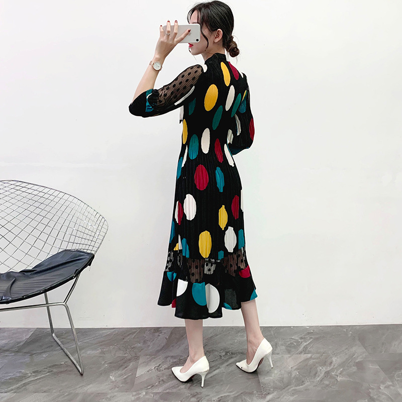 Women Polka Dot Dress Spring 2020 Pleated Bow Large Pleated Dress