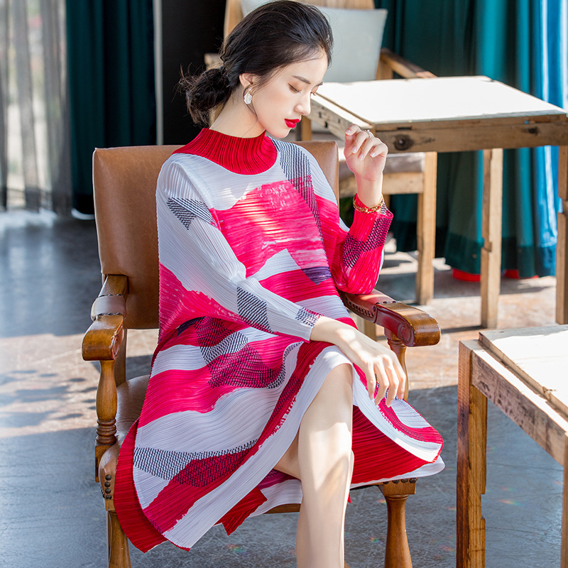 Spring New 2020 Women's A-line Dress Striped Print Loose Pleated Dress