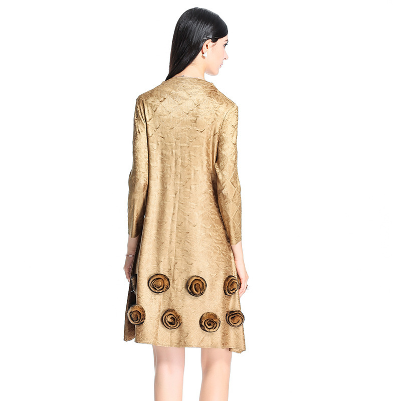Pleated Fashion Slim Flower Loose Casual Wrist Appliques Natural O-neck Spring Dress