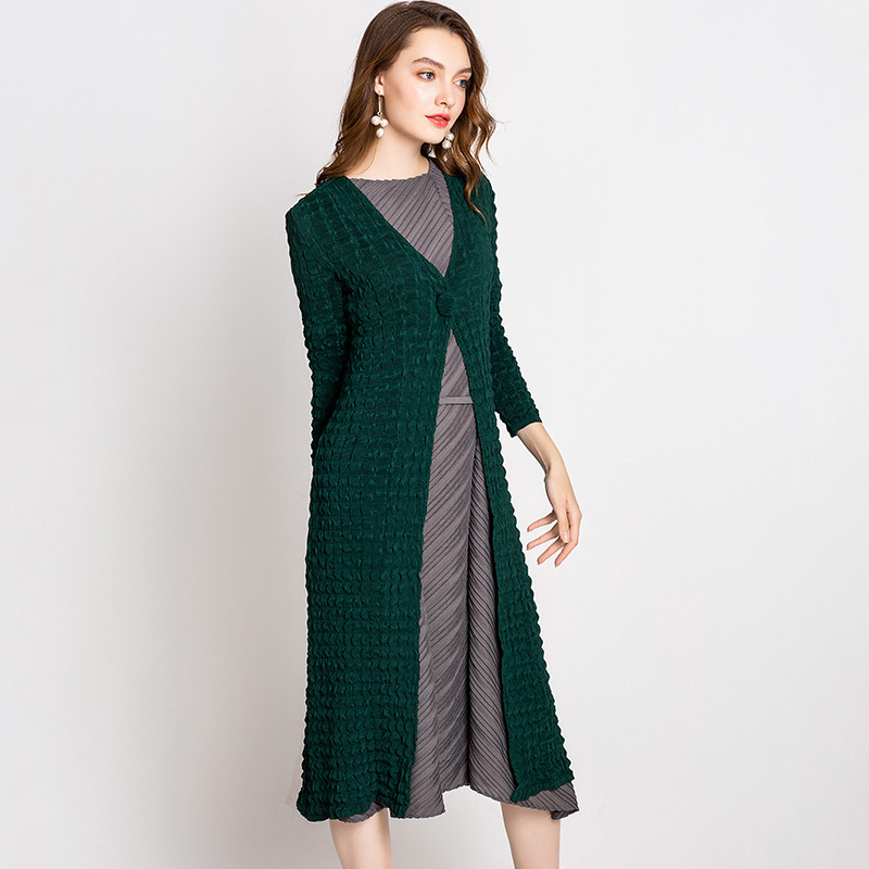 2018 New Arrival Women Pleated Office Lady Three Quarter Sleeves X-long V-neck Single Button Wide-waisted Solid Trench