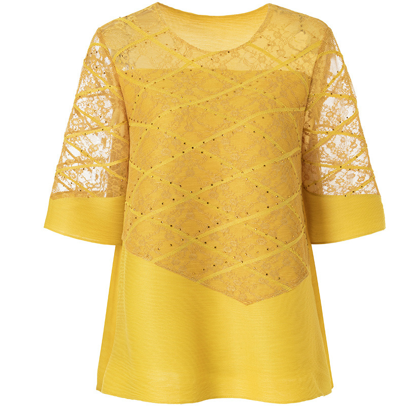 Women Embroidered Nail Beads Large Pleated Tops 2020 New Spring Round Neck T-shirt