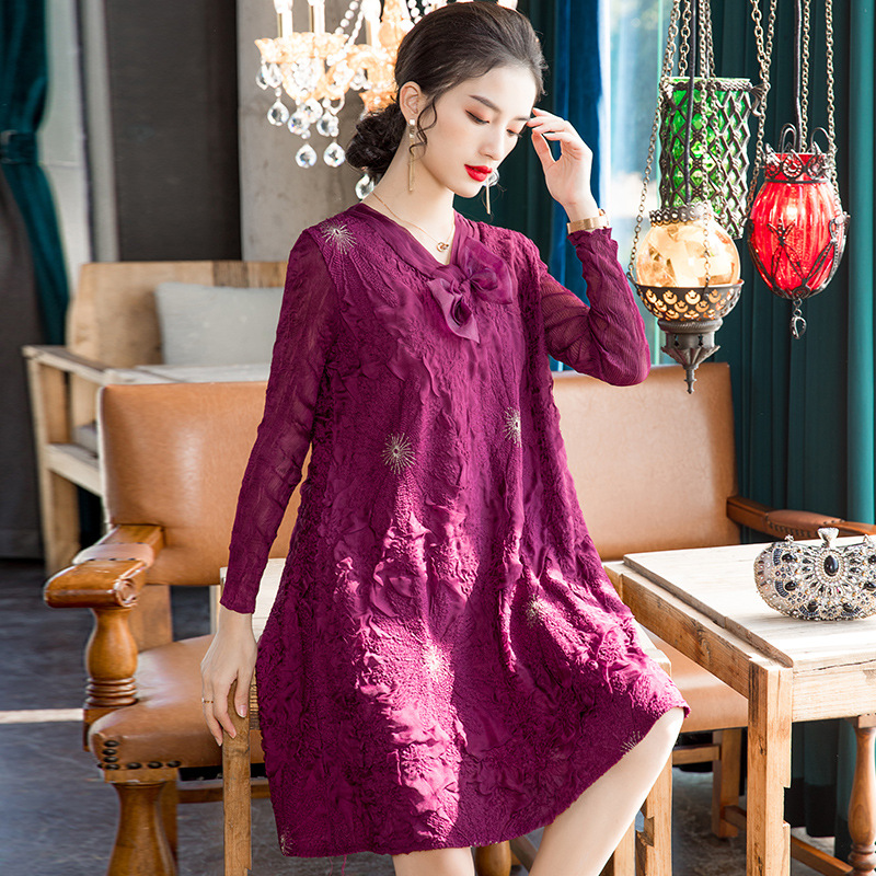 Women Red Large Embroidered Dress 2020 Spring New Loose Pleated A-line Dress