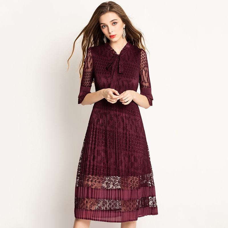 Spring Autumn Women Pleated Fashion New Tidal Lace Elegant Women Dresses