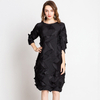 Women Pleated Office Lady Loose Solid Half Length Sleeves Casual O-neck Dresses