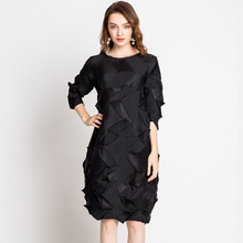 Women Pleated Office Lady Loose Solid Half Length Sleeves Casual O-neck Dresses