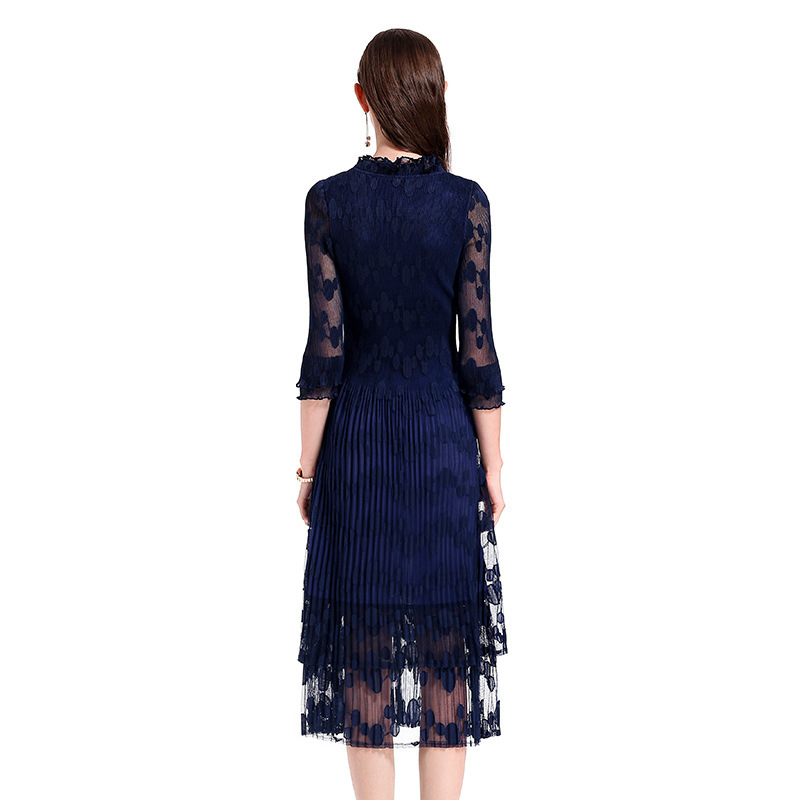 European And American Pleat V neck Lace Original Fashion womens Dress