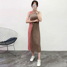 Women Pleated Basic Pleated Dress 2019 New Patchwork Contrast Bottom Dress