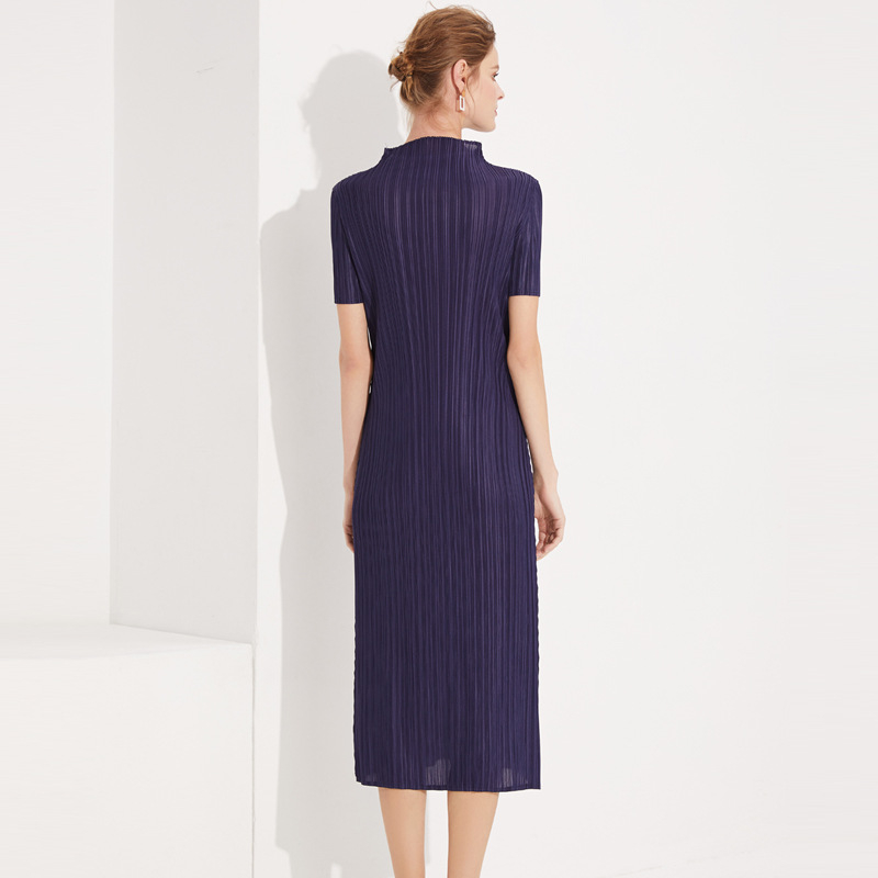 Pleated Summer Temperament Simple Basic Vertical Collar Long Pleated Dress Manufacturer Wholesale