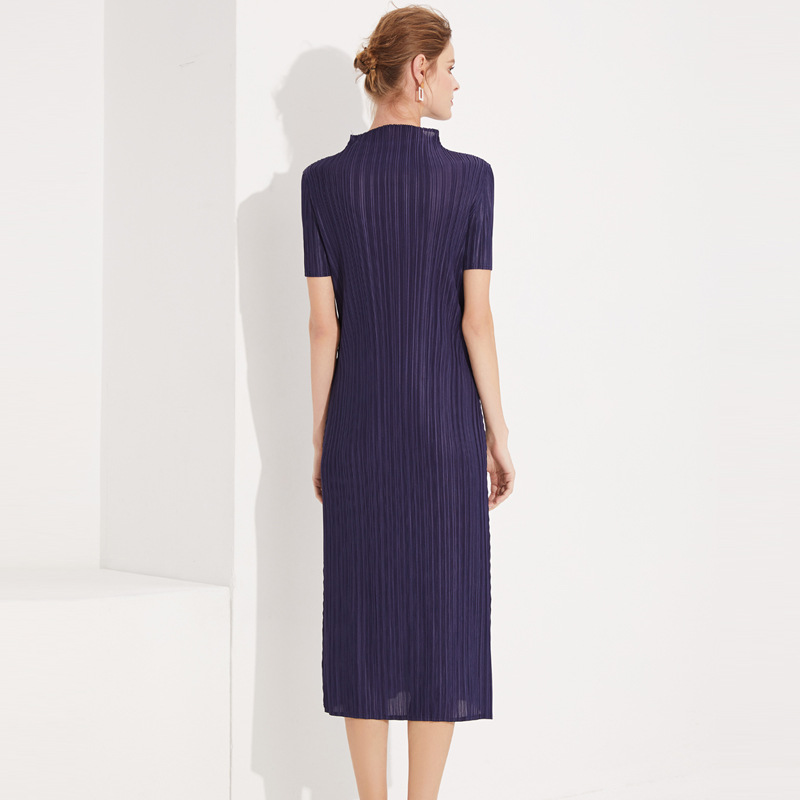 Pleated Summer Temperament Simple Basic Vertical Collar Long Pleated Dress Manufacturer Wholesale