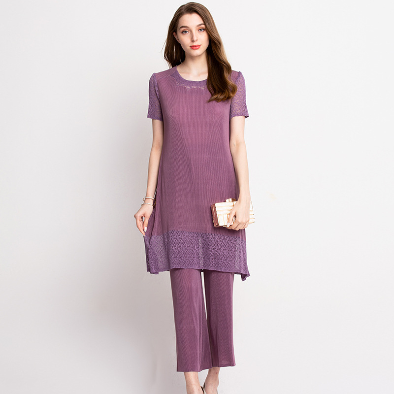 Short-sleeved Lace Suit Loose Big Size Lady Dress Spring Summer Fashion Pleated Dress