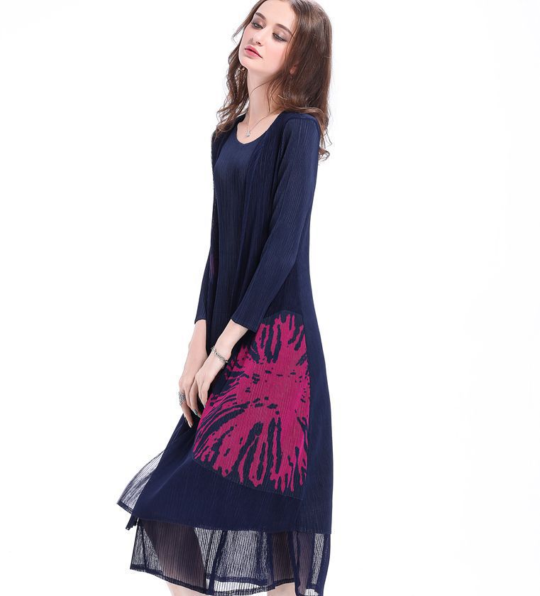 Sunflower Fake Two-piece Dress Pleated Plus Size Women Dresses