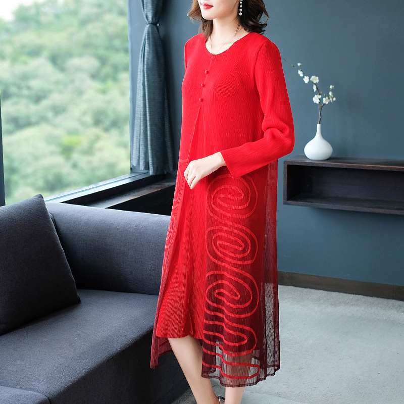 Women Fashion Fake Two Pieces Embroidery Dress Autumn 2019 Mesh Splicing Loose Large Dress