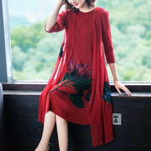 Fake Two Piece Pleated Print Dress New Women's Loose Large A-line Dress In Autumn 2019