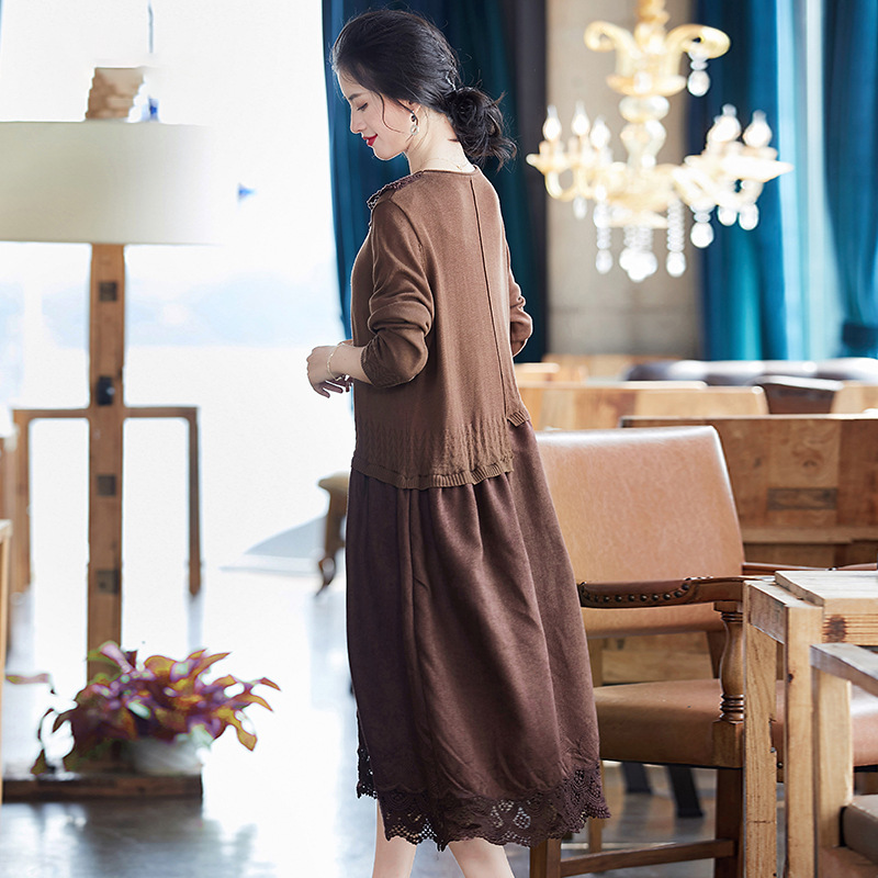 Knitted Embroidery Bottomed Dress Women's Long Sleeve Splicing Large Loose Dress Autumn And Winter 2019