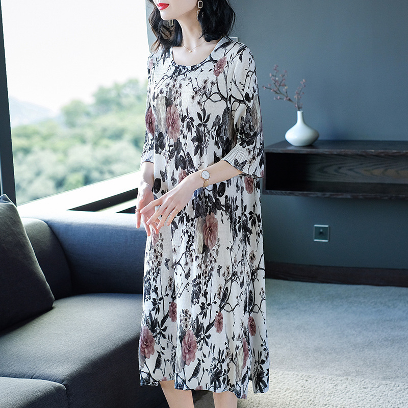 Women Retro Big Size Pleated Dresses Spring Female Printed Loose Dresses