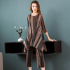 Women Pleated Fashion Pullover O-neck Elastic Striped Shirts Pants Two Pieces Sets