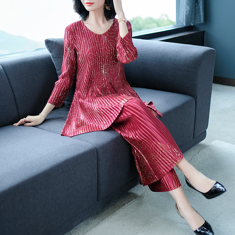 Women Pleated Print Tops Pullover Long Sleeves Shirts Pants Two Pieces Loose Clothing Sets