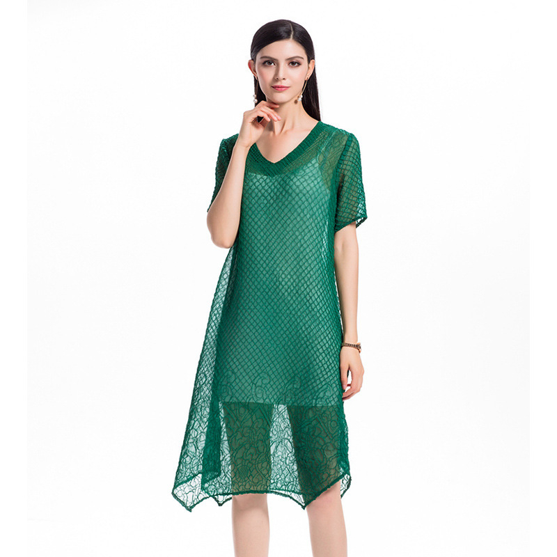 Summer Chiffon Dress V Neck Sloid Color Two Piece 2018 Pleated Dress