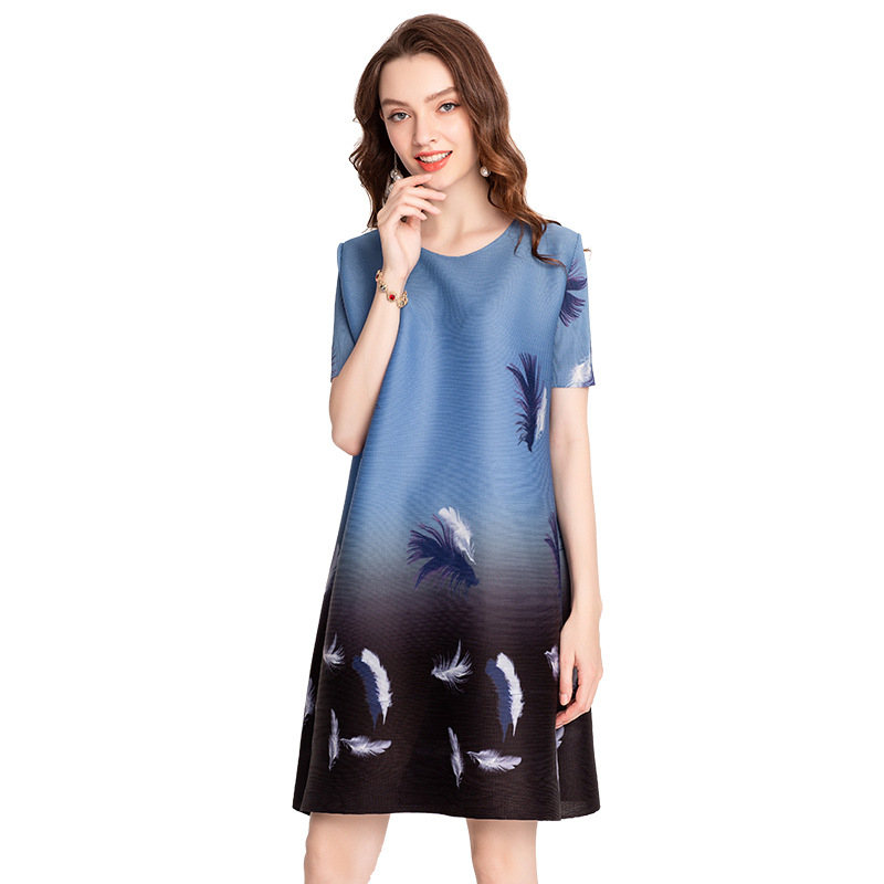 Digital Feather Print Dresses Summer Fashion Women's Pleats Elastic Dress
