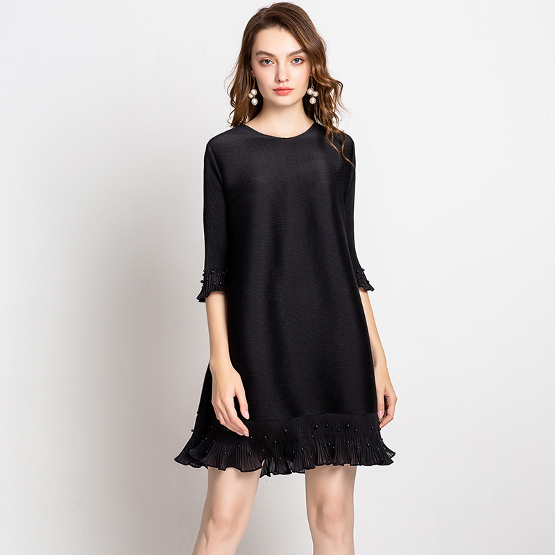 Autumn Women Pleated Fashion New Solid Color Beads High Quality Loose Lady Elegant Long Sleeved One Piece Dress